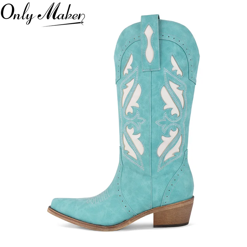 

Onlymaker Women Pointed Toe Embroidered Stitched Mid Calf Cowboy Boots Chunky Block Heel Pull On Cowgirl Western Boots