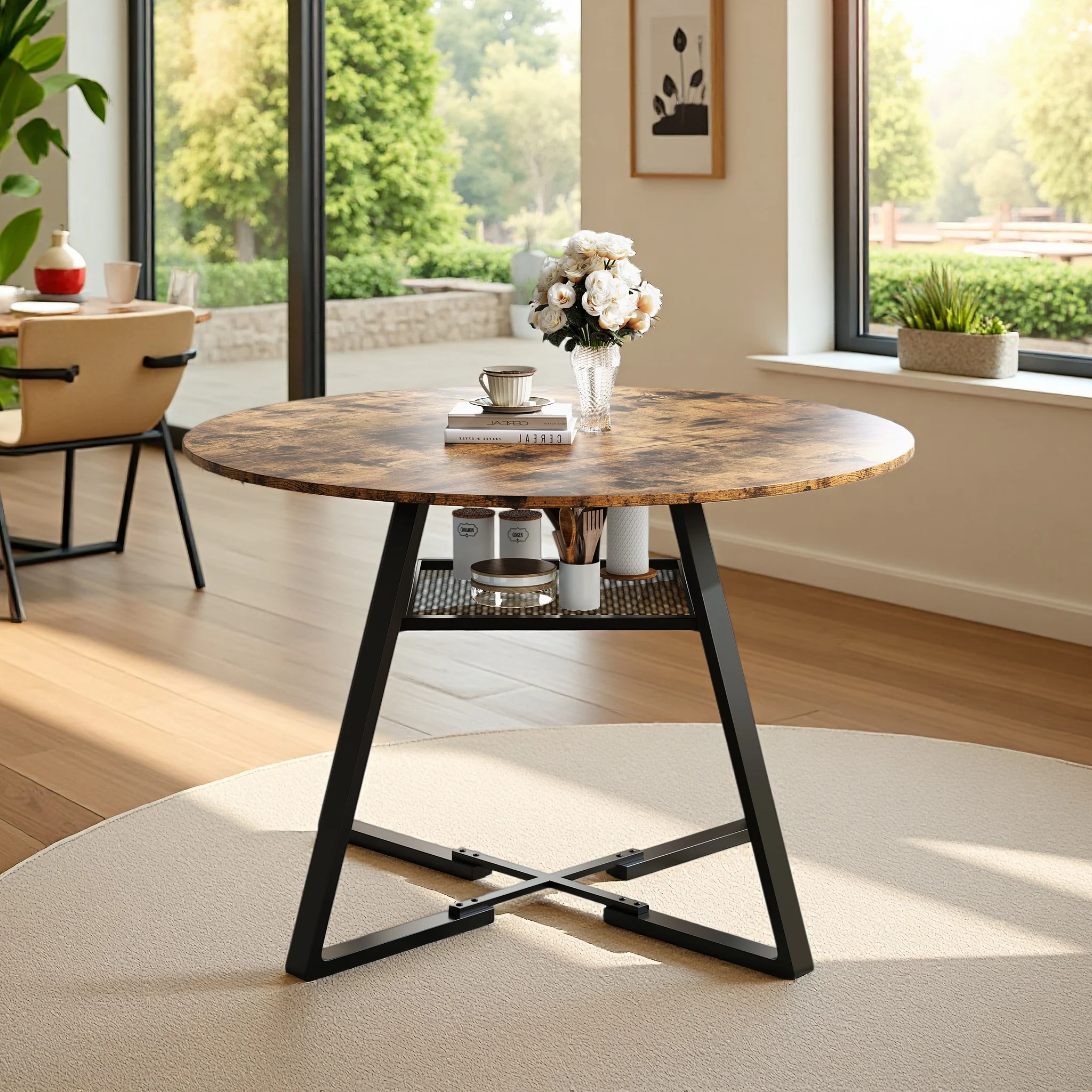 Tavolo da pranzo rotondo Comanlai, 120 cm, tavolo da cucina in stile industriale vintage con ripiano aperto, piano in legno effetto legno e struttura in metallo resistente, tavoli da pranzo per 4-6