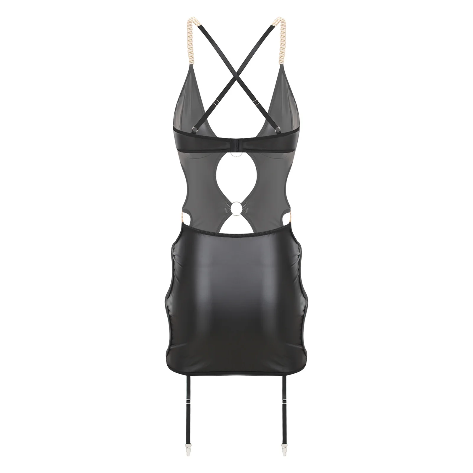 Women's Lingerie Nightdress PU Leather Breast Hollow Out Backless Sling Tube Dress Bodycon Mini Dress for Dating Nightwear