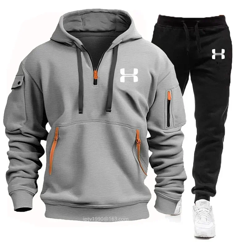 New men's suit, spring and autumn men's multi-pocket zipper hoodie + sweatpants two-piece casual fitness sportswear suit