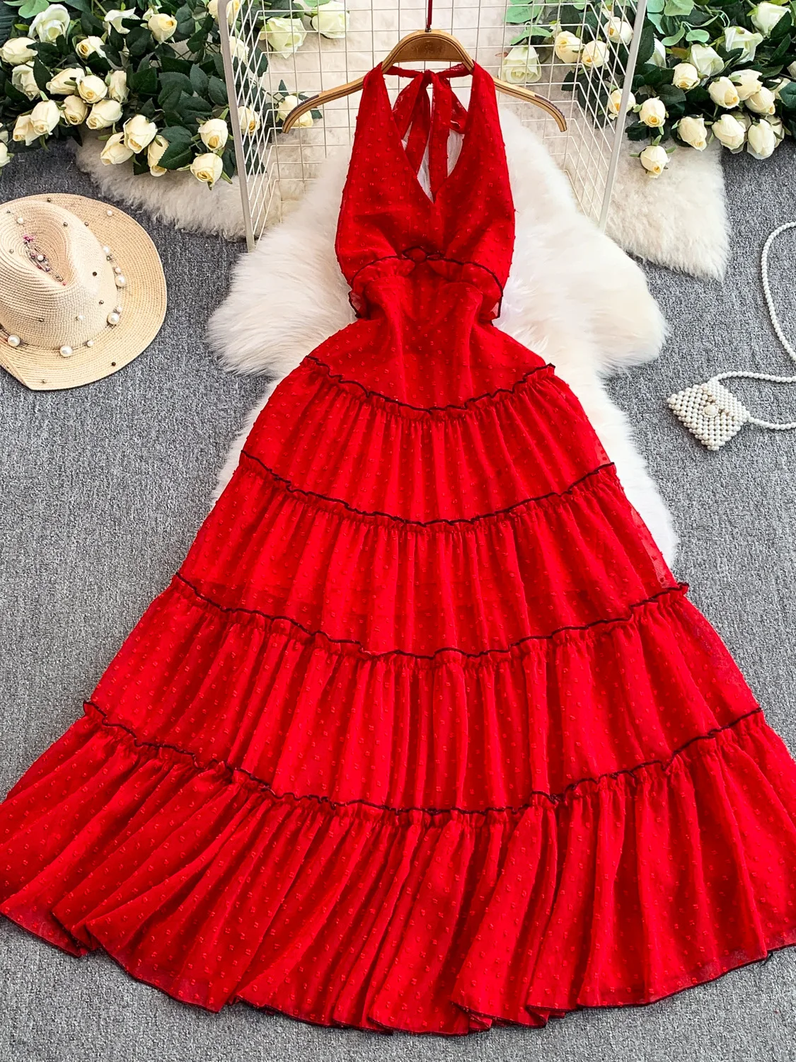 فستان Beach Vaion Sle نسائي بدون أكتاف مع حاشية منتفخة على شكل حرف A صورة ظلية للتخسيس الخصر عالي الخصر بدون Sve Dr #1