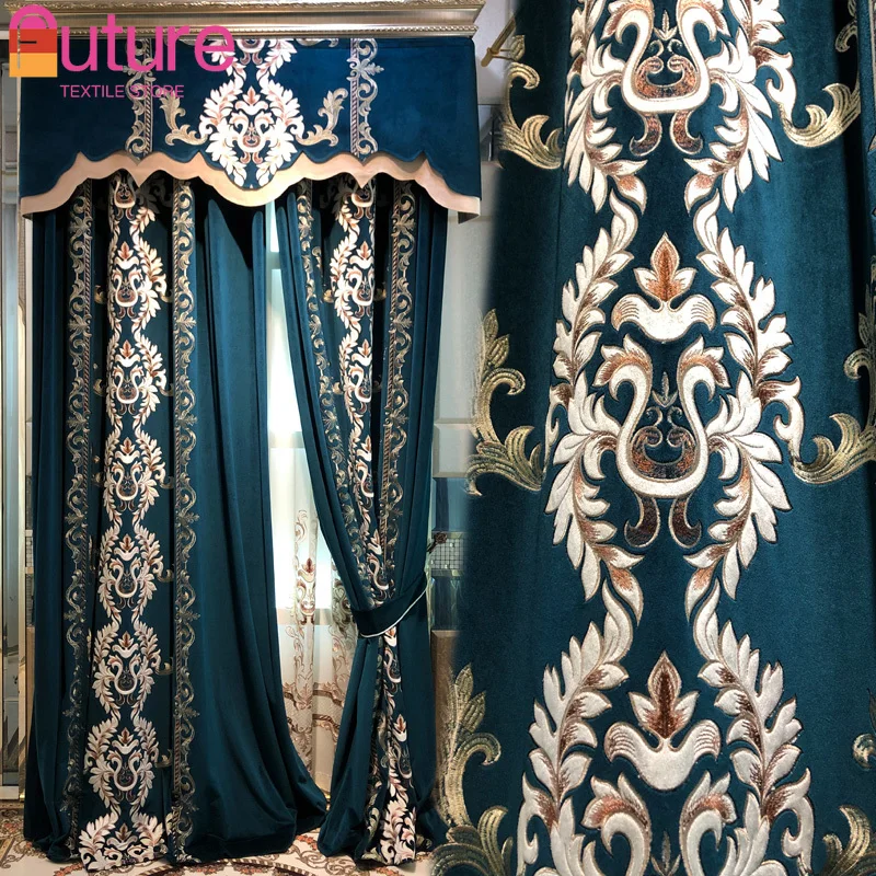 

European Blue Flannelette Embroidered Window Curtains for Living Room Bedroom Villa French Window High Window Customized