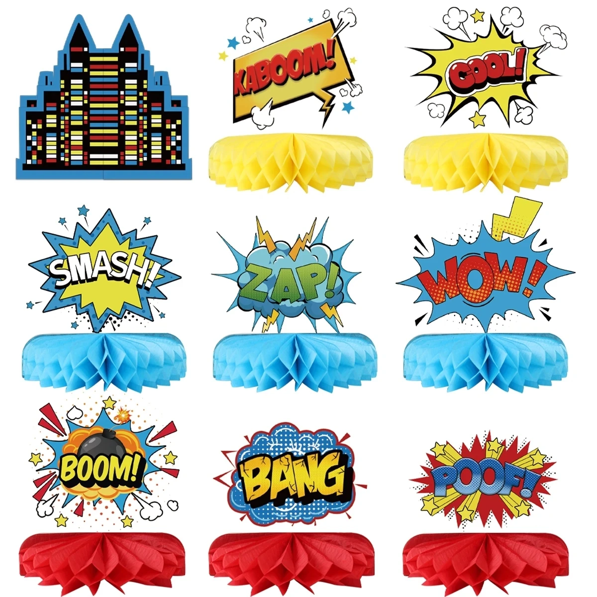 Super Hero Birthday themed Party Decorations Honeycomb Centerpieces Honeycomb Table Centerpieces Boom Sign Boys Birthday Decor