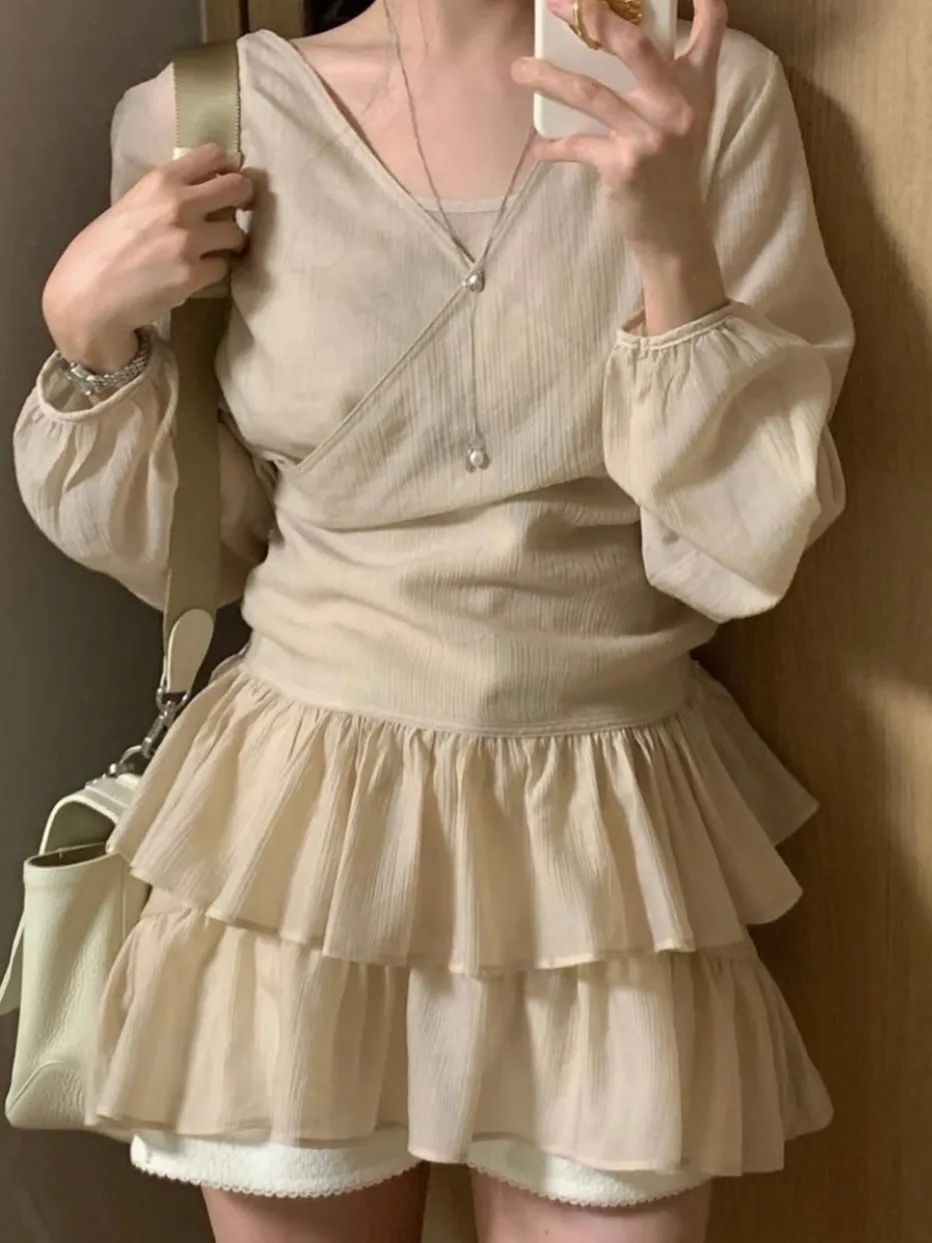 Chic Vroege Lente Vrouwen Band Vest Lange Sve V-Ne Buitenste Dr Rok Kant Tweedelige Set Faionable volwassen Kleding