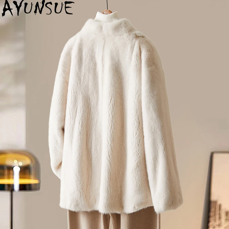AYUNSUE Naturalne płaszcze z futra norek dla kobiet, beżowe płaszcze zimowe damskie 2025, średniej długości, w stylu koreańskim, odzież damska, pelzmantel damen