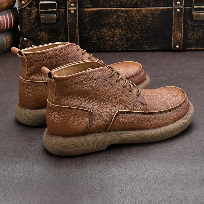 LIHUAMAO Botas de trabajo de cuero de vaca, botas de motocicleta, botas occidentales, zapatos informales para hombre, calzado para exteriores, botas de senderismo con suela gruesa