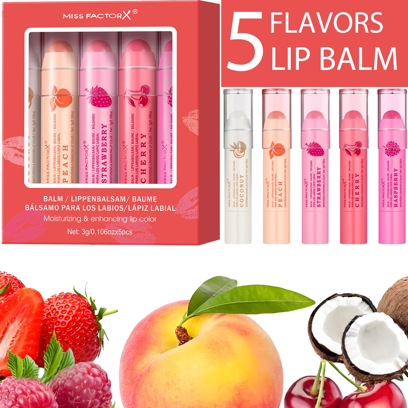 5Pcs Fruit Tint Lip Balm Set Peach Strawberry Cherry Shades Long Lasting Gloss Moisturizing Lip Makeup Gift