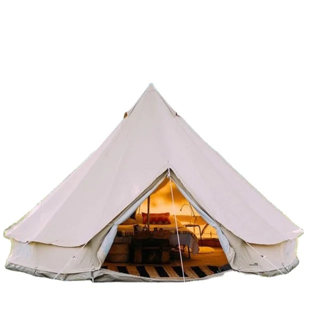 

Outdoor Waterproof Four Season Family Camping and Winter Glamping Cotton Canvas Yurt Bell Tent with Mosquito Screen Door