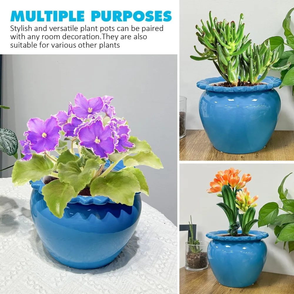8 Inch Self Watering Ceramic Flowerpot with Absorbing Inner Pot for African Violets Orchids Lawn Yard Decor
