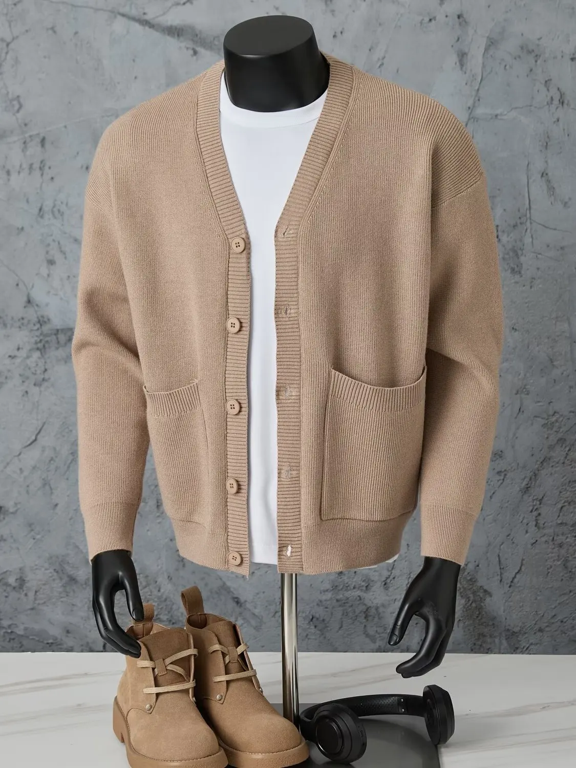 

Warm Long Sve V-Ne Knitted Sweater Pure Color Iron-Free Japanese Sle Faionable Cardigan Polyester Fiber Youth Men's ...