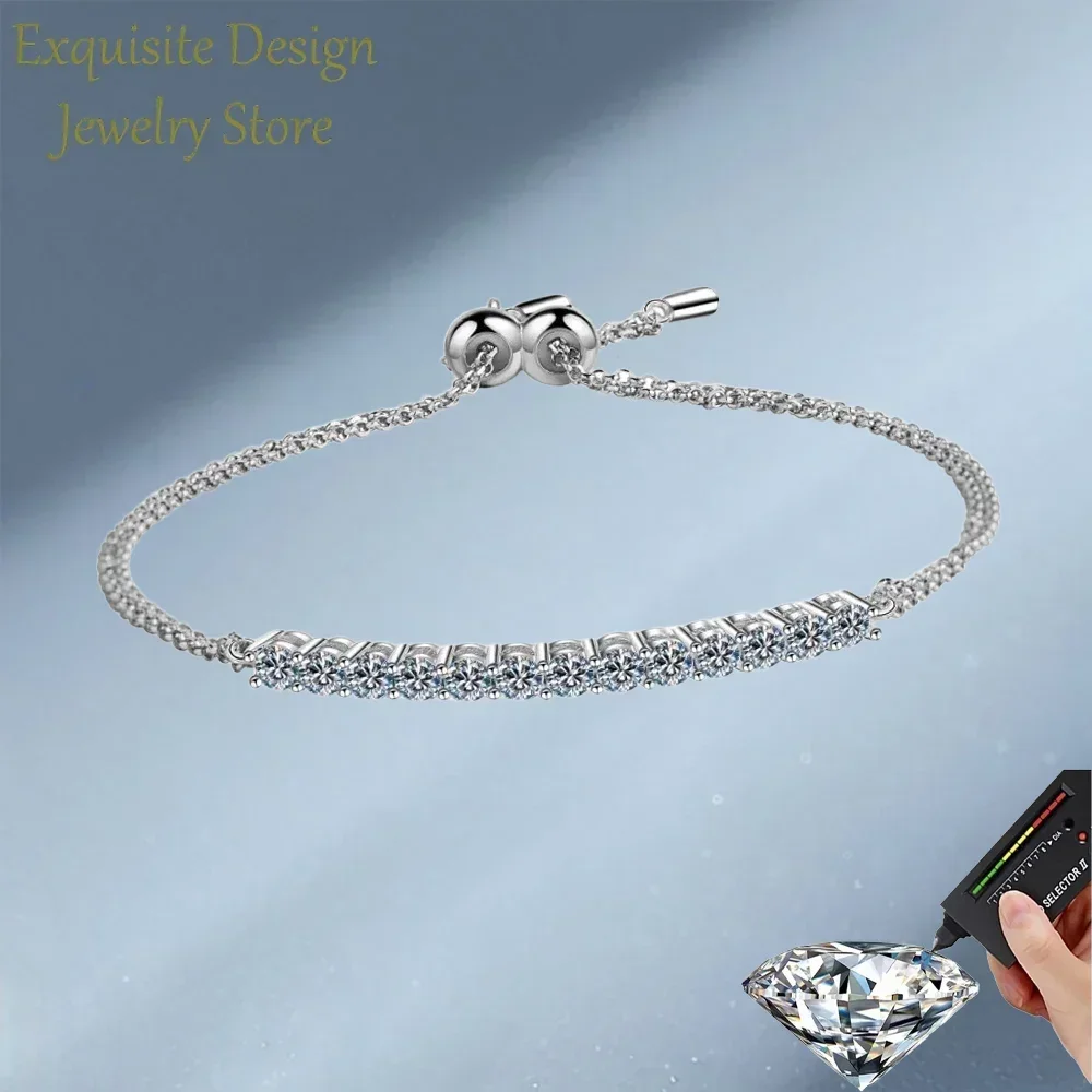 Exquisite Design Line Moissanite Total 1.3 Carat for Women, Luxury PT950 Platinum Chain Bracelets Girl and Lady Jewelry Gift