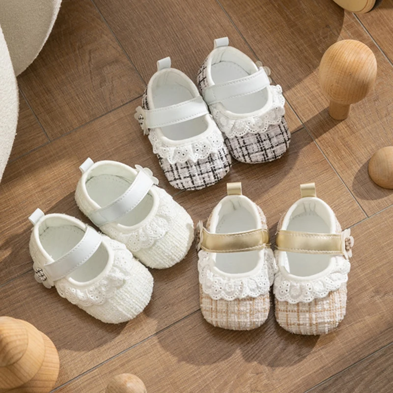 EWODOS Baby Girl Flats Casual Soft Soles Plaid Print Ruffles Mary Jane Shoes Casual Walking Shoes for Newborn Toddler