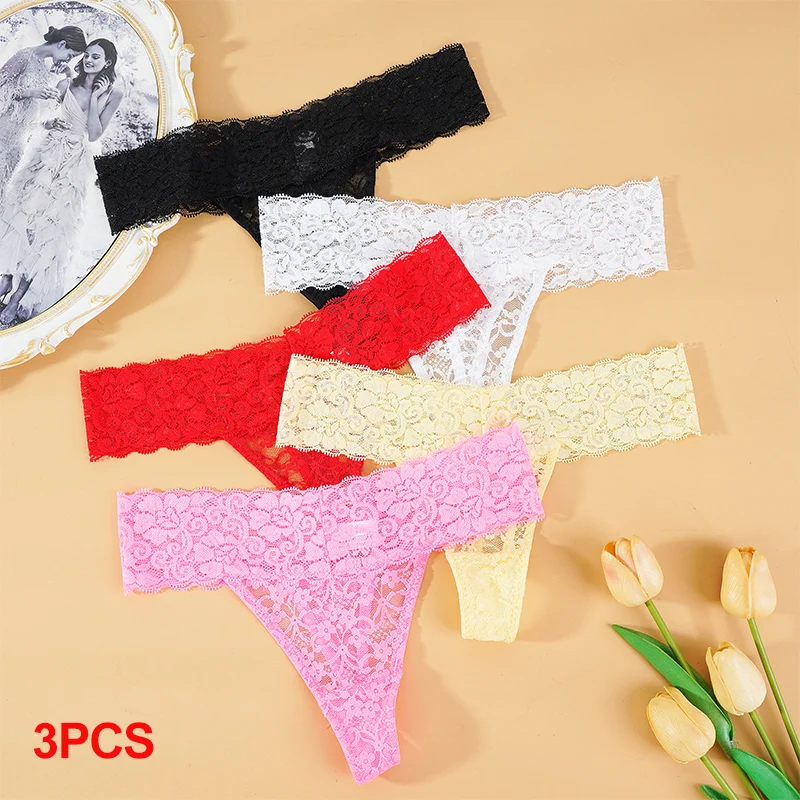 

3PCS Lace Floral Women Panties Low Waist Breathable Briefs Female Thong Underwear M-2XL Solid Sexy G-String Transparent Panty