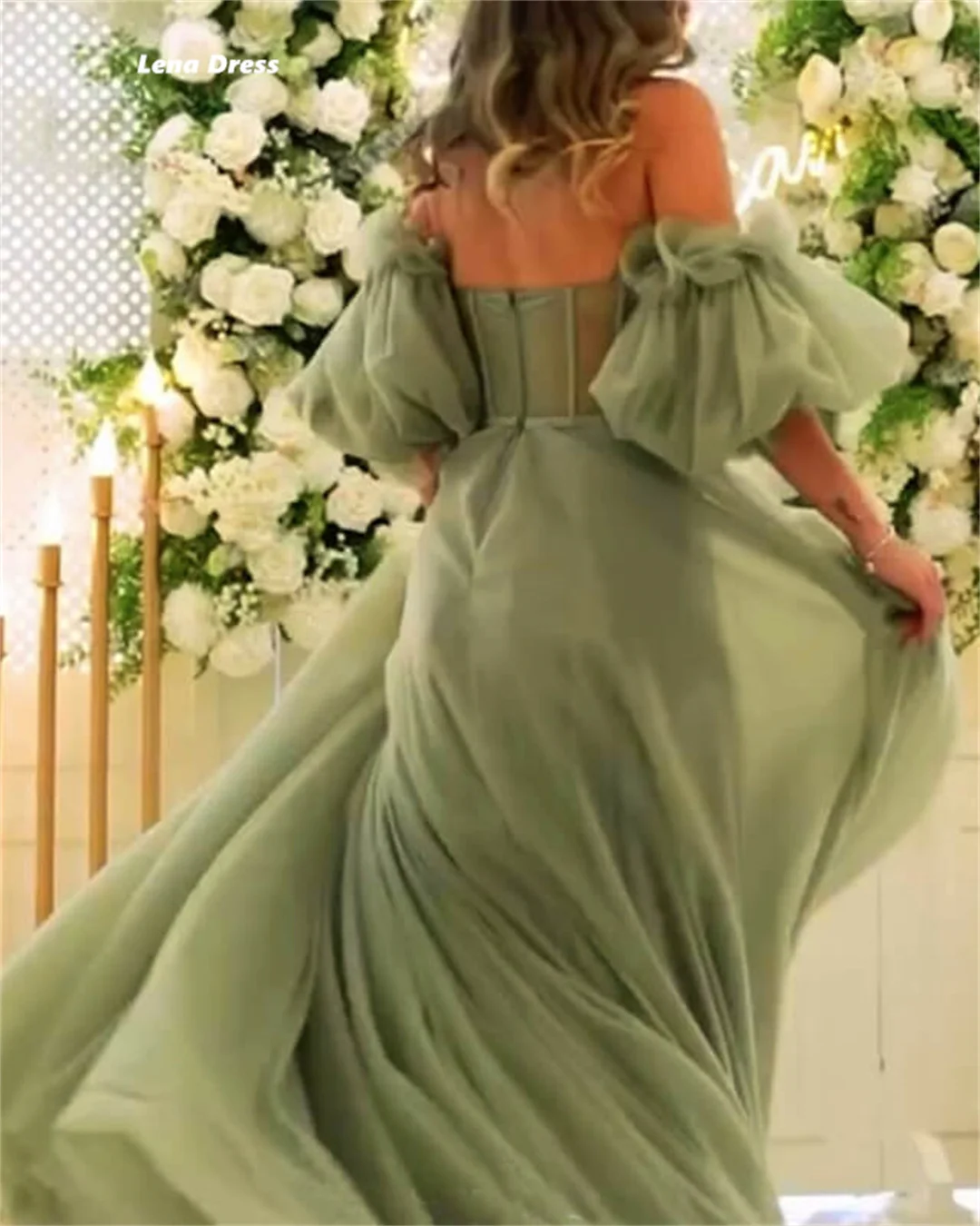 Lena Custom Made Evening Dresses for Special Occasions Puff Sleeves Elegant Party Dresses Woman Gauze Wedding Party Dress Line A