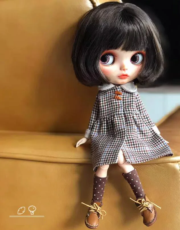 

1pcs vintage clothes blythe doll outfit plaid jacket dress 1/6 30cm(Fit for Pullip,Ob22/24/26, Licca)