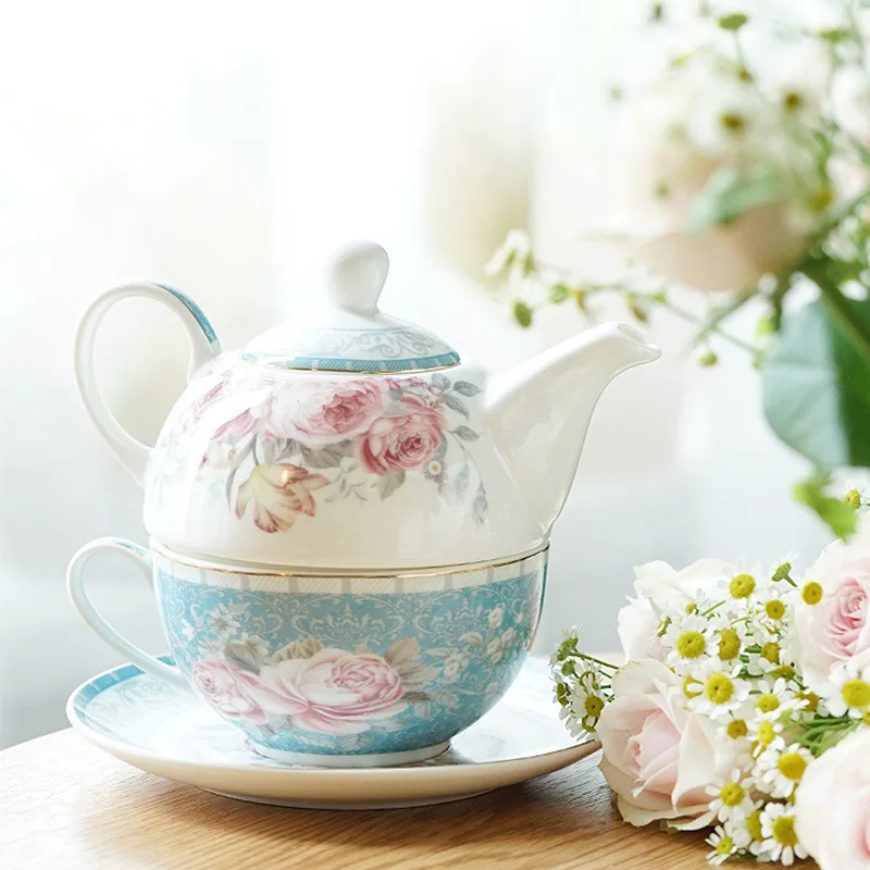 

English Porcelain Tea for One Set, Floral Teapot with Cup, Blue Tea Cup and Saucer Set