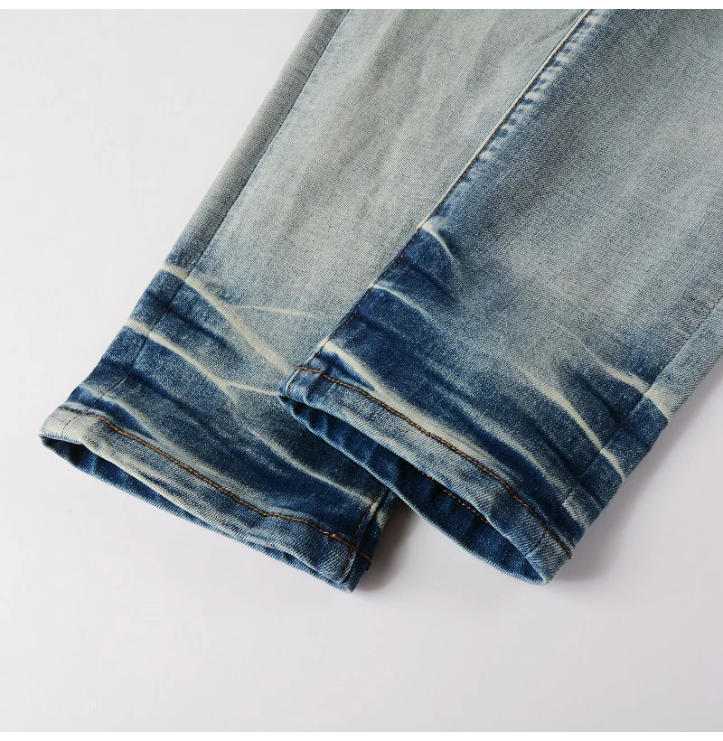 Herren-Lederjeans mit Plissee-Patches, Biker-Stil, Streetwear, Skinny, schmal geschnitten, hochelastisch, Jeanshose mit Löchern, zerrissen, Distressed-Hose – Detail 11