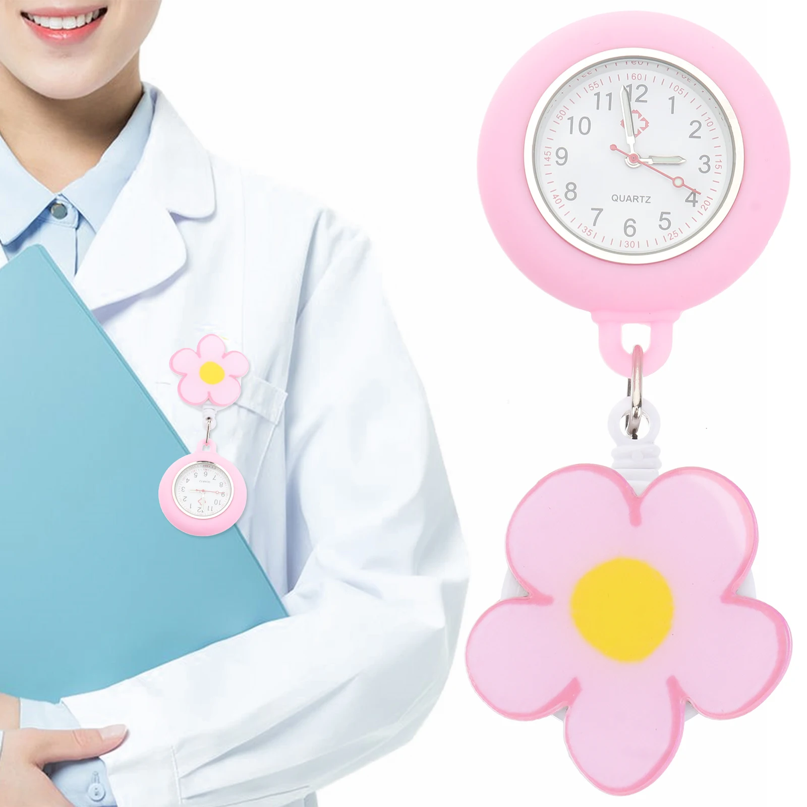 

Nurse Pocket Watch Glass Mirror Luminous Quartz Watches Students Nurses Large Dial Clip on Silicone Cartoon Telescopic