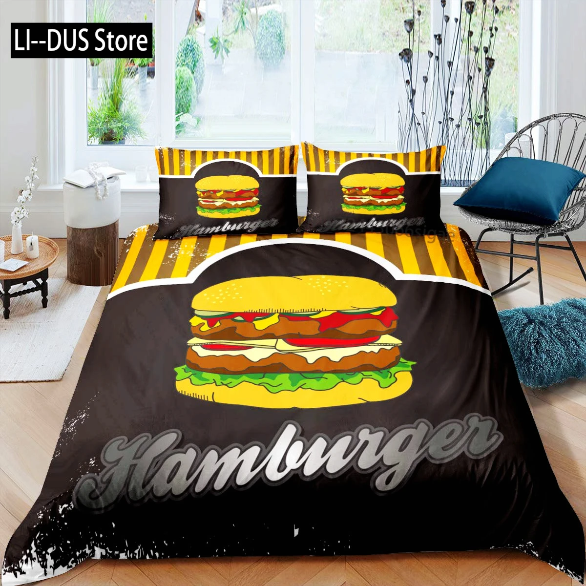 Hamburger Duvet Cover Set Meat Cheese Comforter Cover Fast Food Theme Bedding Set Cartoon Hamburg Pattern Quilt Cover For Kids