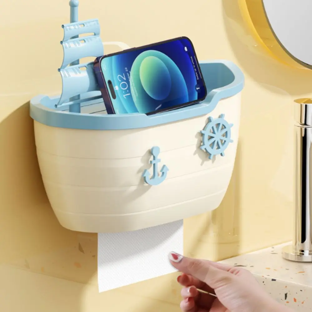 No Punching Installation Roll Paper Case Sailing Shaped High-Quality Toilet Paper Box Wall-mounted Multi-function