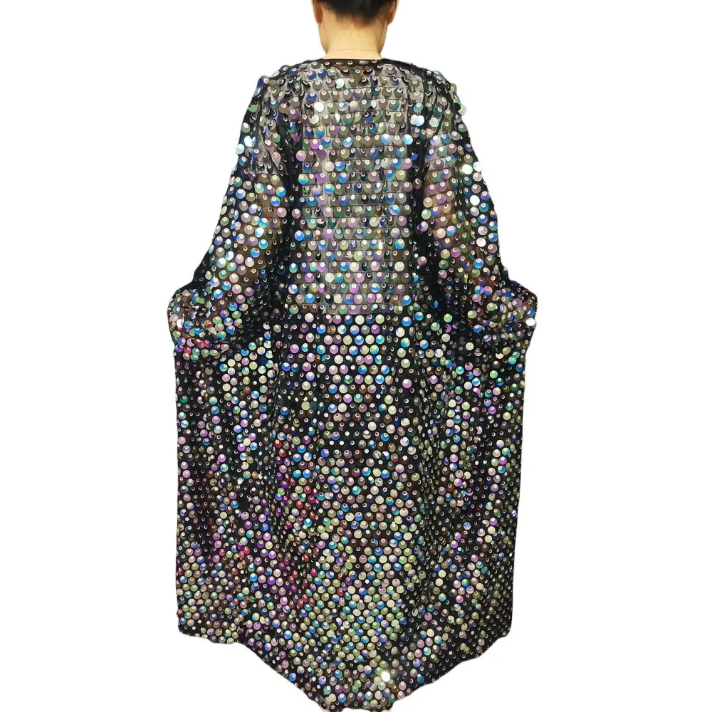 Sparkly Sequins Mesh Long Coat Carnival Party Model Walk Show Cloak Overcoat Performance Clothes Bar Nightclub Dance Costume