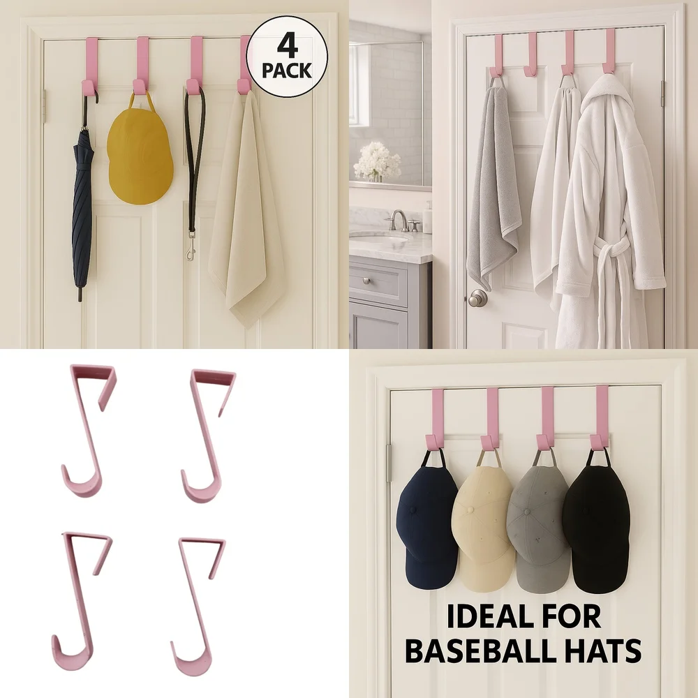 

Hook behind the door4 Pack 4.5 Inch Pink Door Hooks Plastic Over Door Hanger for Clothes Towels Robe Bathroom Bedroom Organizer