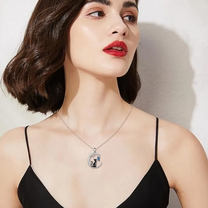 

2026 Korean Wave New Forest Fresh Black Cat Butterfly Moon Branch Wrapped Pendant Necklace for Women