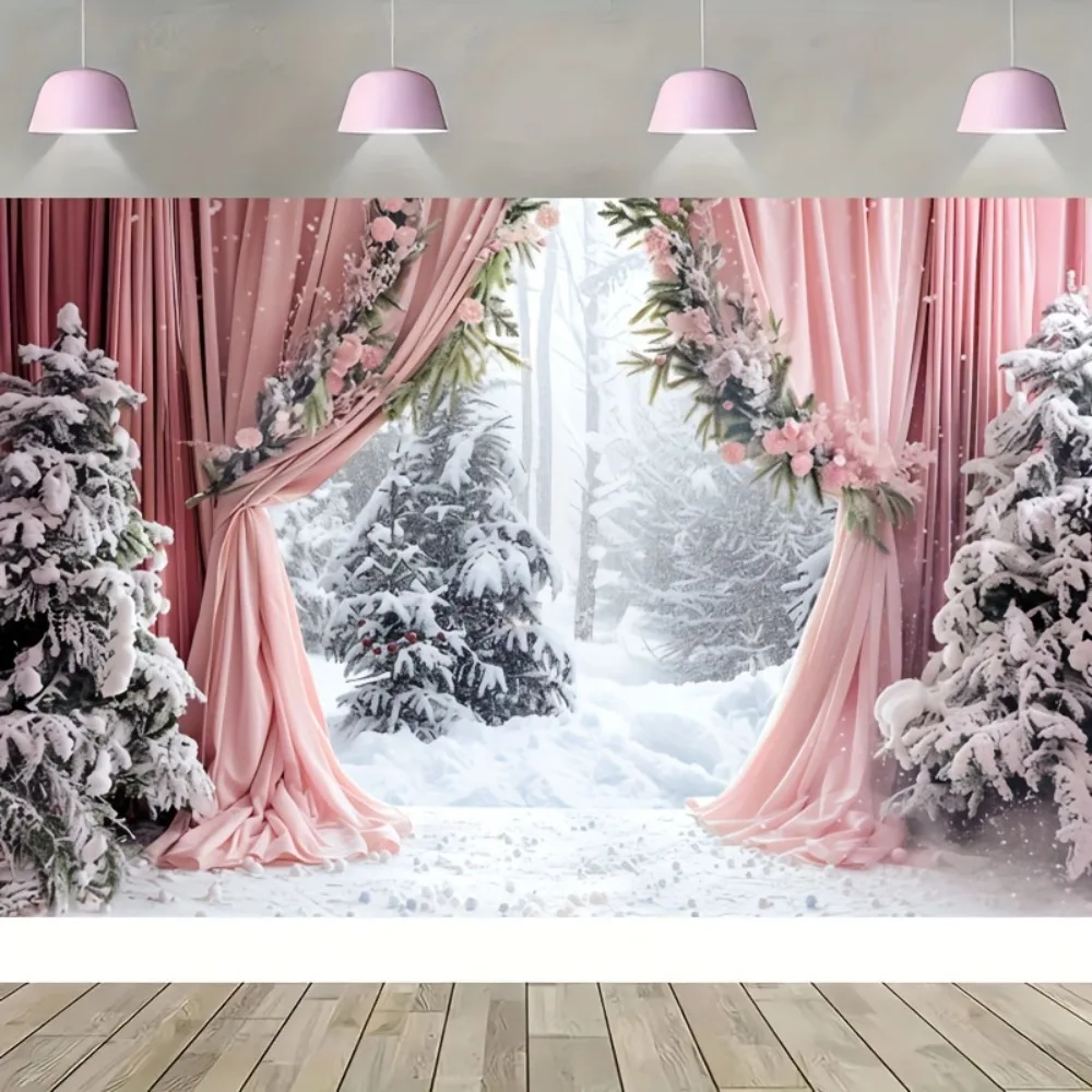 Winter Wonderland Background with pink curtain Snow forest photography Background Family holiday birthday party