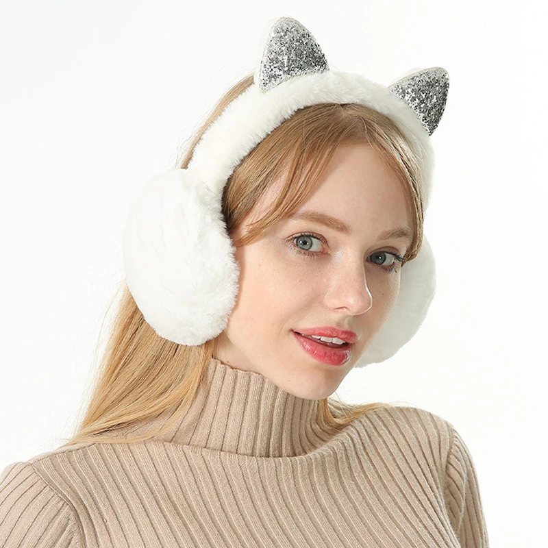 Cartoon Glitter Sequin Cat Ears Ear Earmuffs Headphones Ear Cover For Woman Girls Outdoor Cold Protection Fluffy Soft Earmuffs