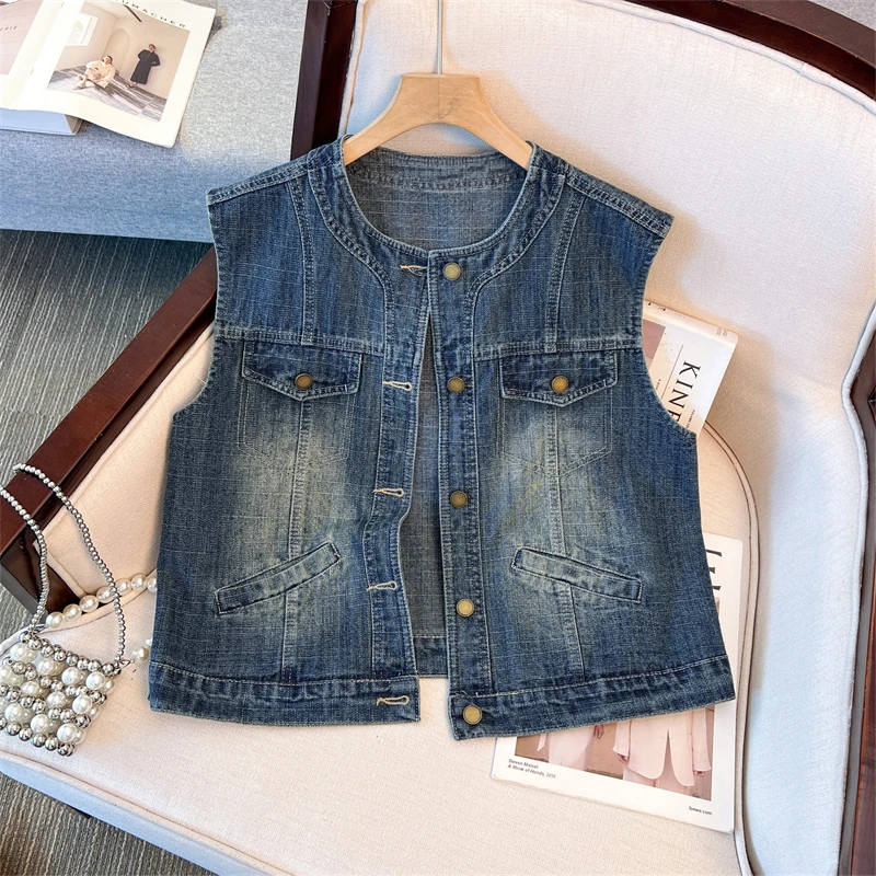 

Vintage Washed Dark Blue Short Denim Vest Spring Summer Women Round Neck Single-Breasted Sleeveless Cowboy Waistcoat Veste Femme