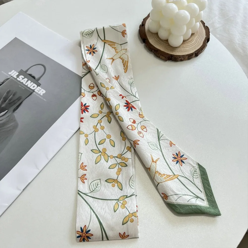 Trendy Versatile Satin Silk Ribbon Scarf Fresh Floral Long Thin Bag Strap Narrow Hair Tie for Women