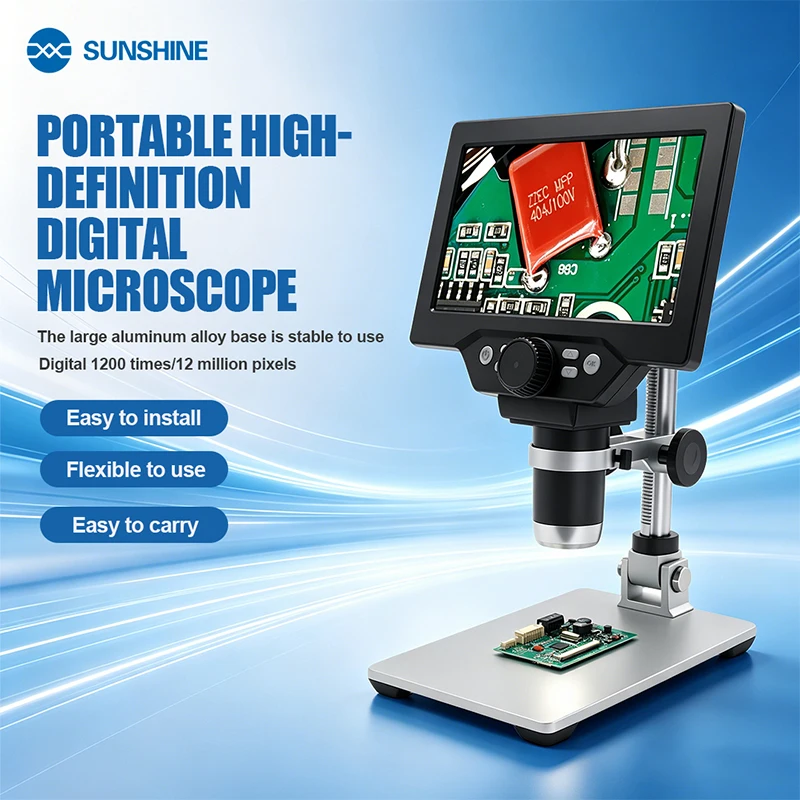 SUNSHINE DM-1200D Electronic Microscope 1‑1200× Continuous Zoom，7‑Inch HD Display and Multi‑Functional Lifting Bracket
