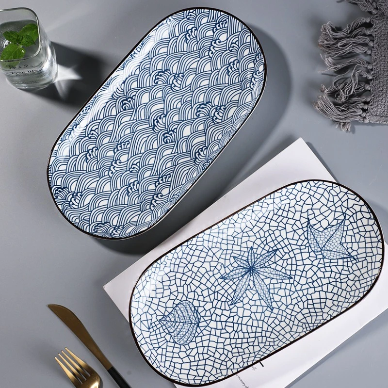 Ceramic Fish Plate National Trend Pattern Japanese Style Egg Shaped Serving Platter For Fish Dumpling Household Tableware