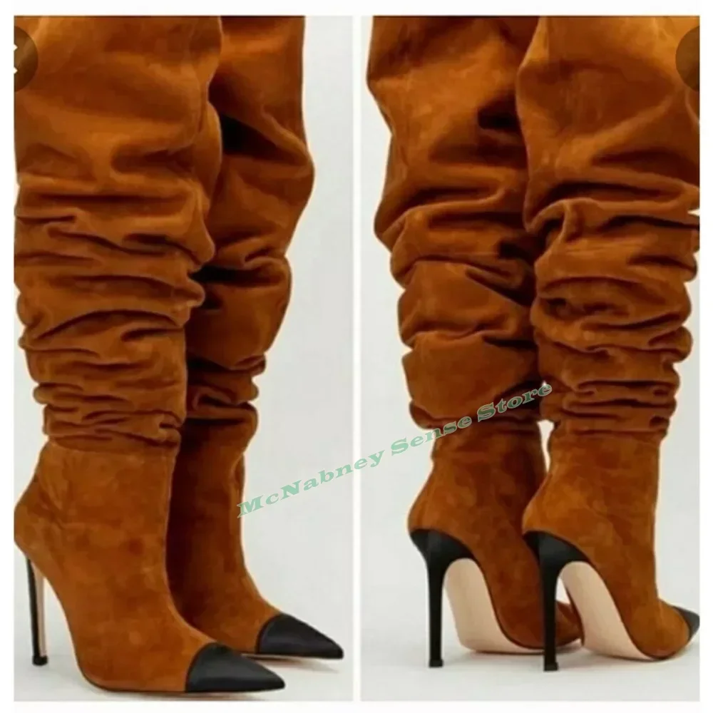 Suede Pointy Toe Solid Boots Pleated Over The Knee Slip On Women Winter Shoes Thin High Heels Party Casual Designer Boots New