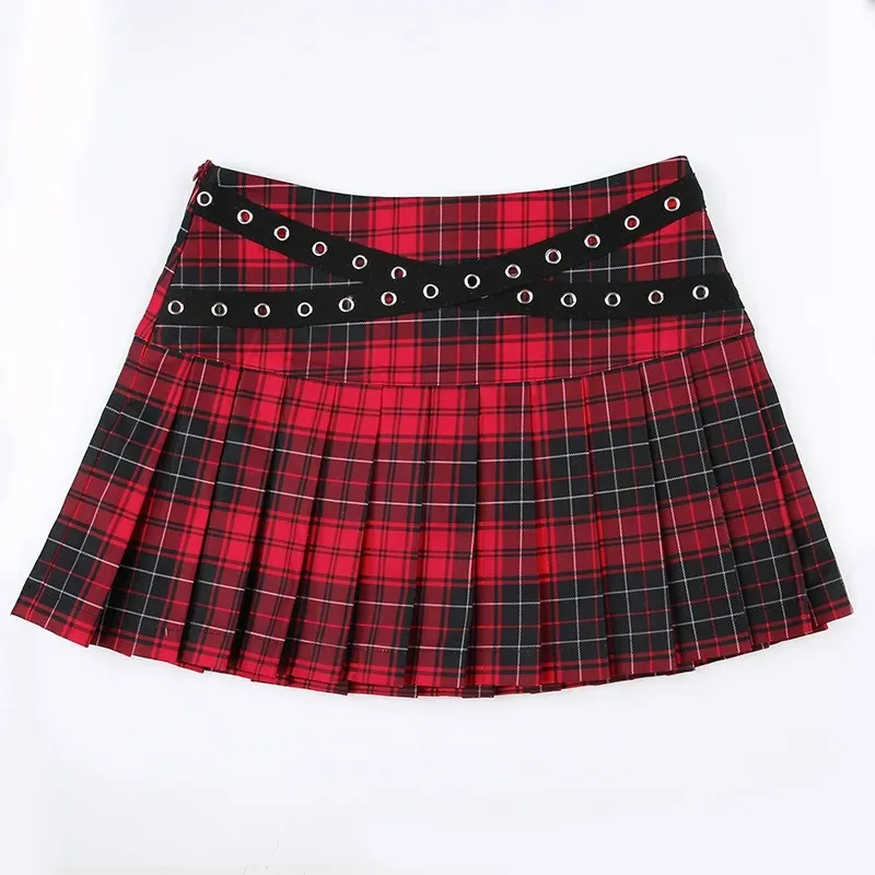 Mall Goth Cyber Punk Women Harajuku Y2k Jk Skirt Streetwear Eyelet Patchwork High Waist Red Plaid Print Pleated Skirt Clubwear