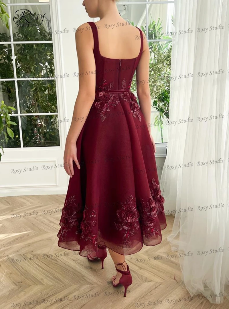 Vintage Tea Length Burgundy Christmas Party Dress Spaghetti Straps A-line Short Lace Prom Gown with Flowers Vestido de Curto