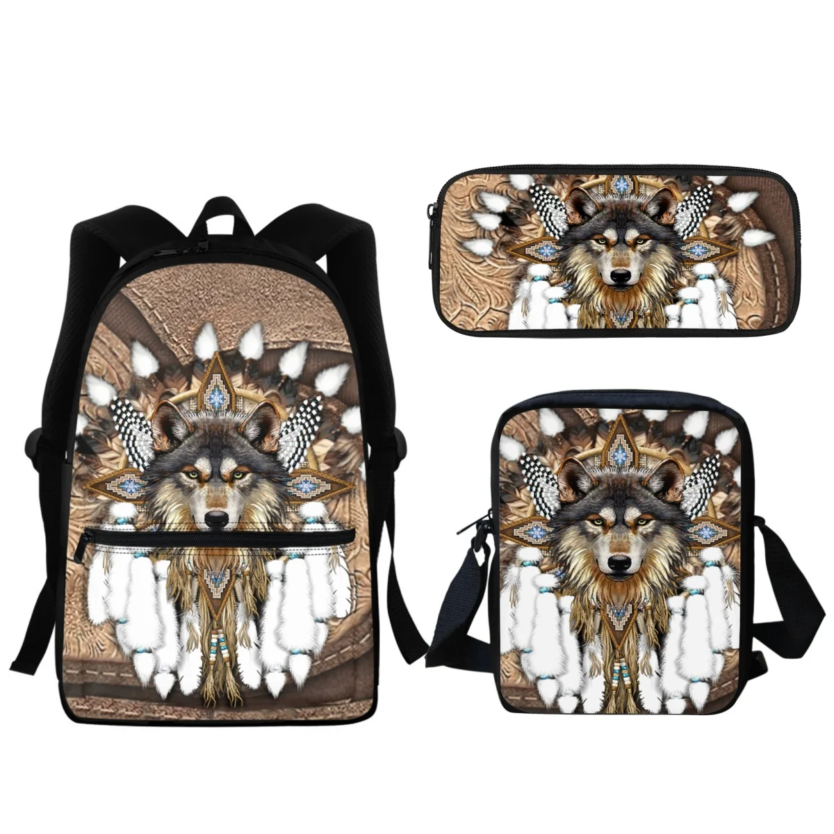 

Cool Tribal Wolf Print Zipper Backpack Fashion Student School Bags Teen Boys Girls 3Pc Small Shoulder Bag Pencil Case Mochila