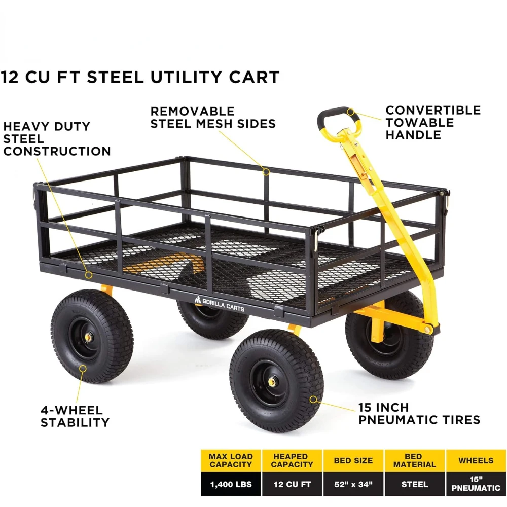 Gorilla Carts GOR1400-COM Steel Utility Cart, Heavy-Duty Convertible 2-in-1 Handle and Removable Sides,12 cu ft,1400 lb Capacity