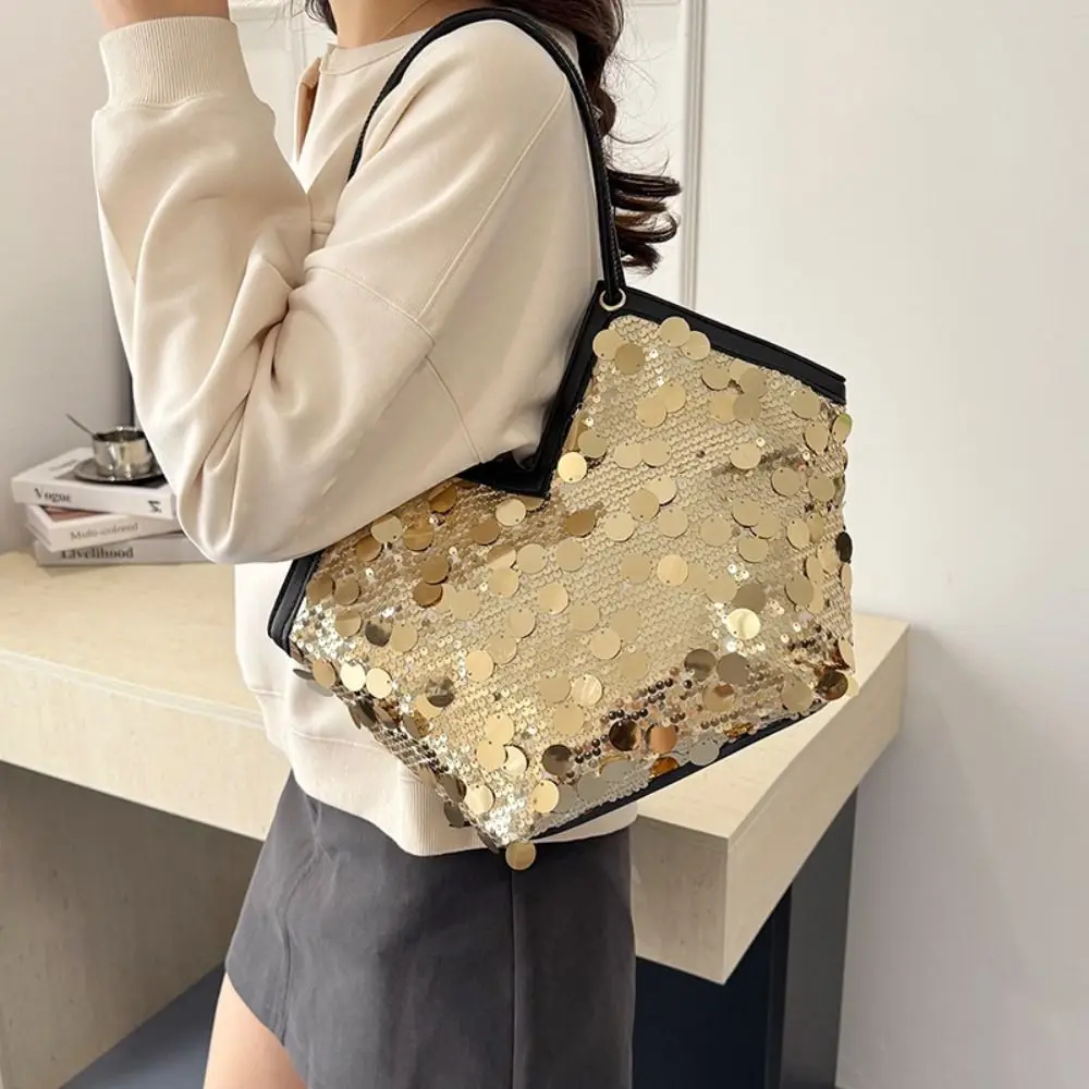 

Portable Evening Bag Sequin Tote Bag Silver Gold Blingbling Handbag Fashion Large Glitter Shoulder Bag Shopping