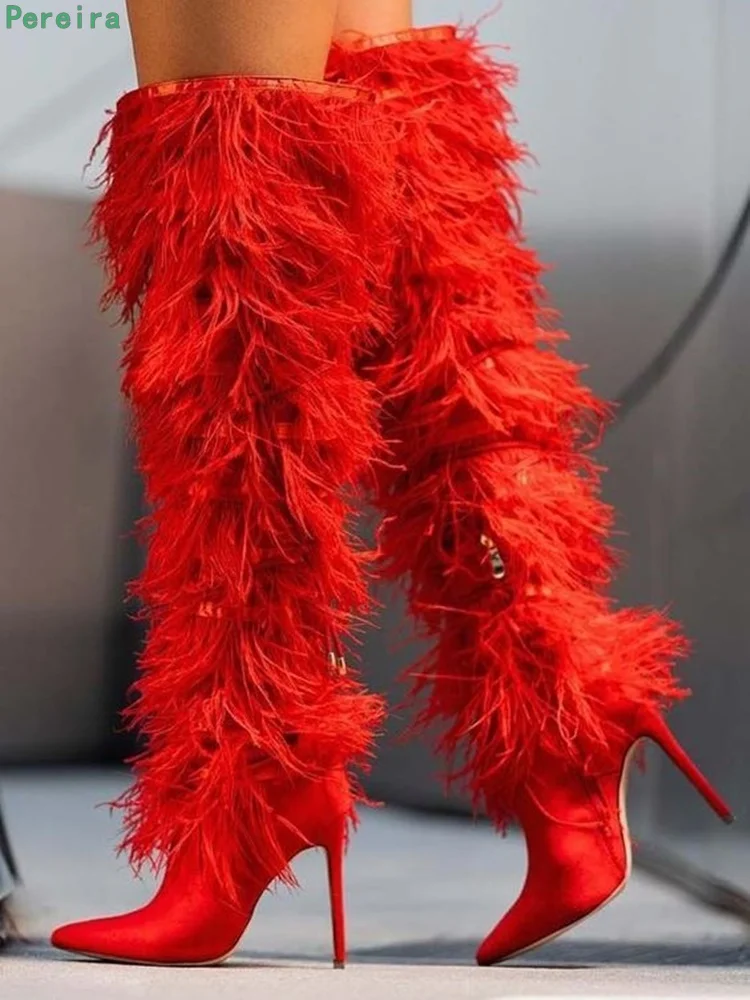 Red Furry Over-the-knee Boots Women's New Arrival Solid Pointed Toe Thin High Heel Side Zipper Fashion Party Catwalk Shoes