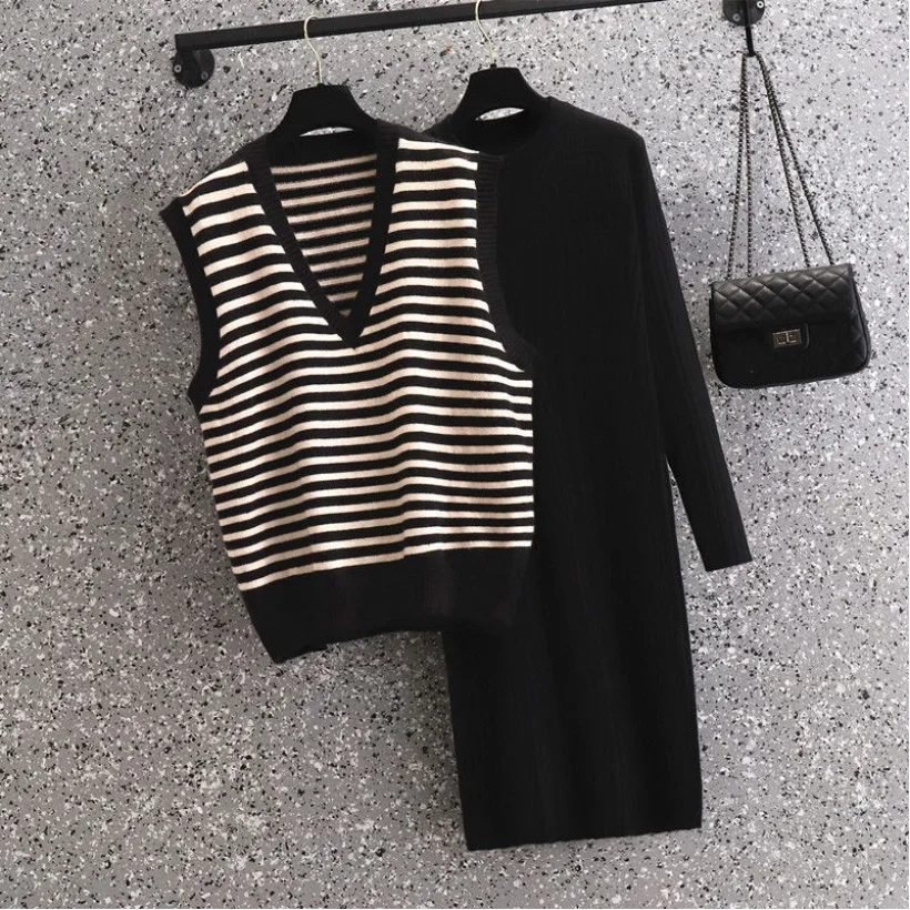 Spring and Autumn Set Women\'s 2023 New Korean Fashion Stripe Tank Top Casual Age Reducing Dress Two Piece Set