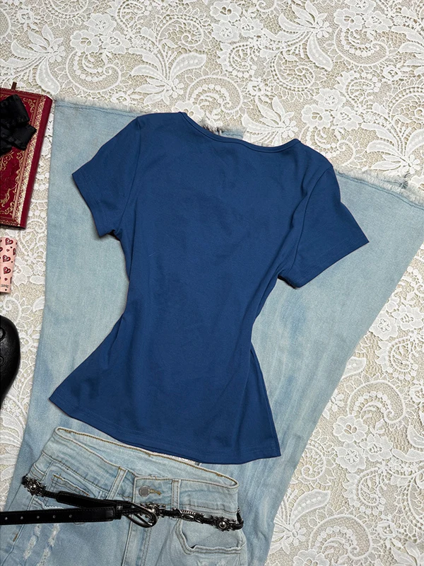 Original bleu v-ne ort Sve T-irt femme été couleur Blo Design beau petit haut mélange de coton Faionable
