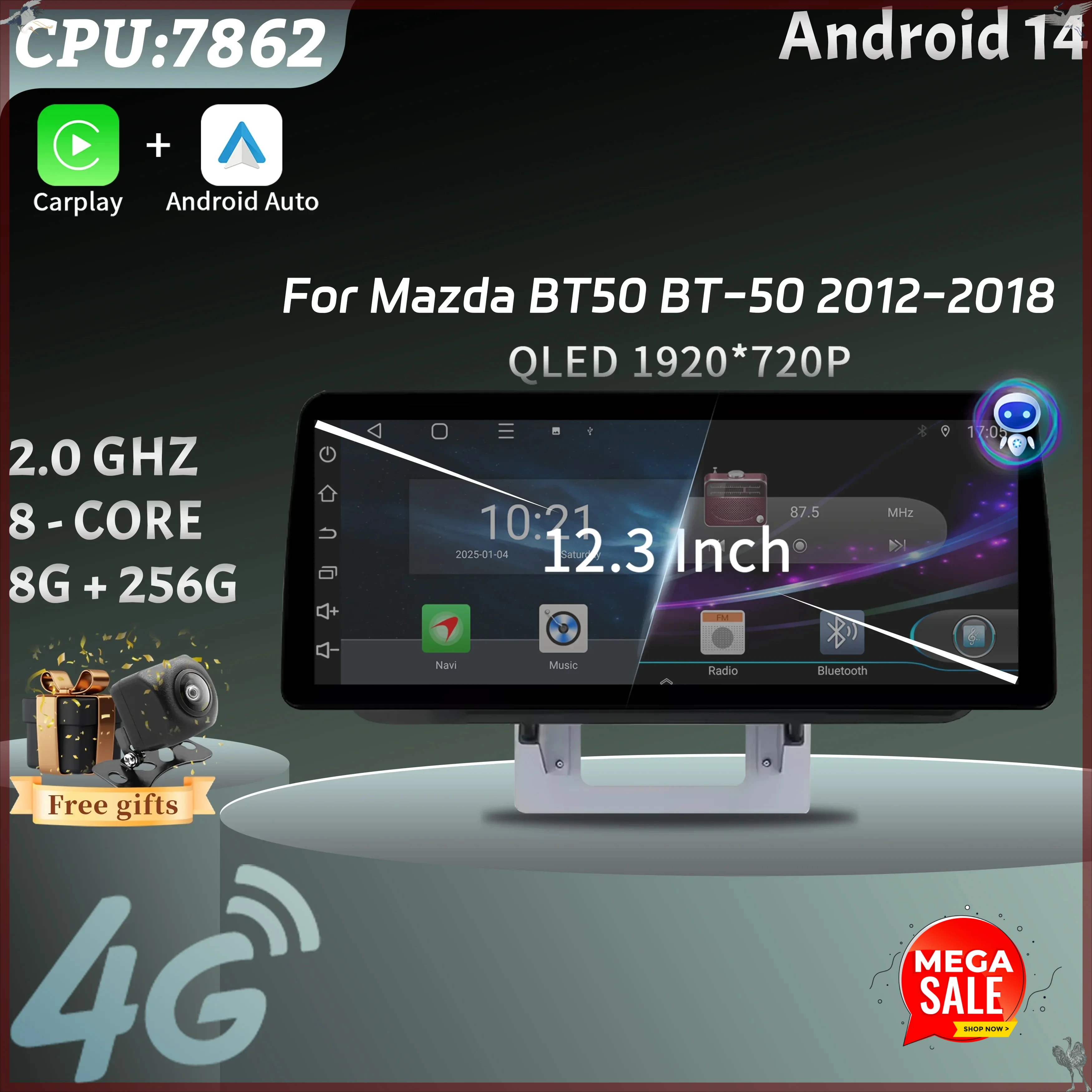 Car Radio panel Multimedia 4G GPS BT Android 14 Navigation Car Stereos 12.3″ Screen Stereo For Mazda BT50 BT-50 2012-2018