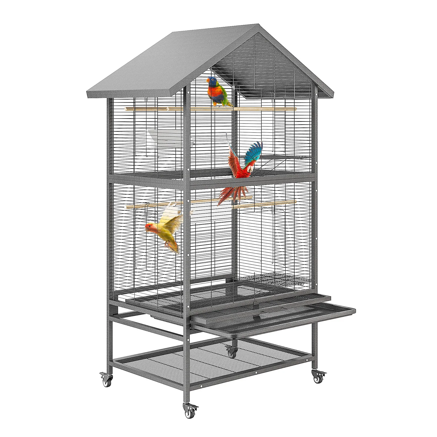 Image of Doppelt stapelbarer Vogelkäfig aus Schmiedeeisen mit ausziehbaren Schubladen, Sitzstangen & Futterschalen, Rollrädern – sichere Verriegelung, leicht zu reinigende Vogelkäfige für Sittiche,