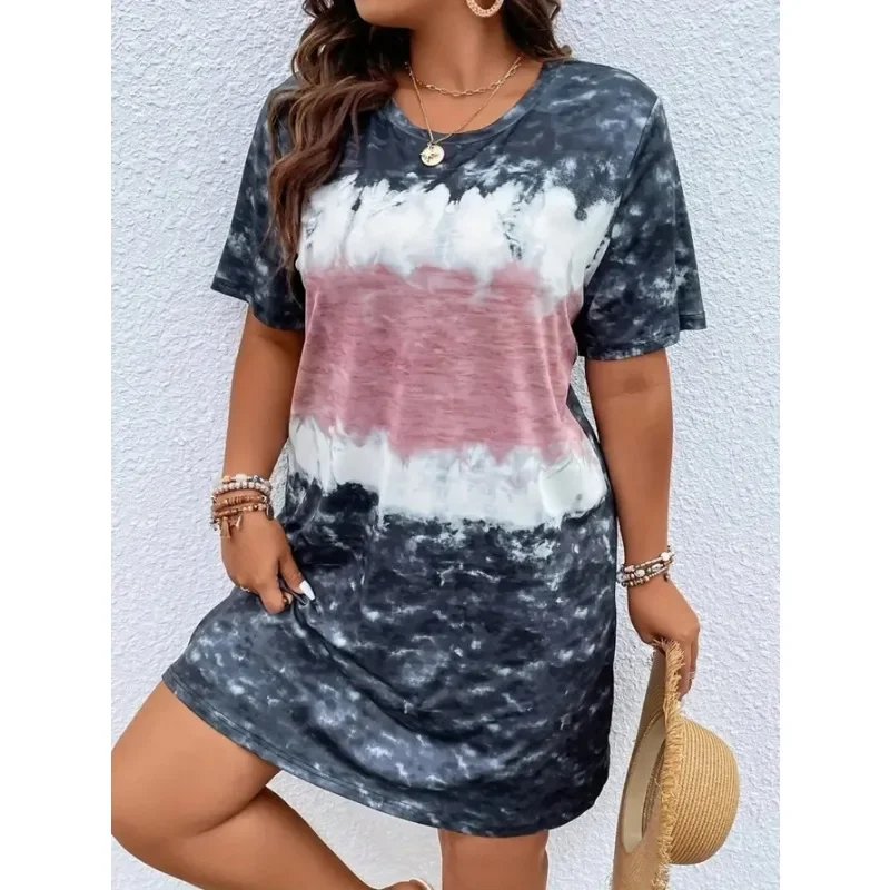 

Plus Size 1XL-5XL New Women's Summer Round Neck Fashionable Printed Comfortable Versatile Dress