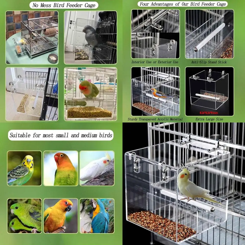 

Автоматическая акриловая кормушка для птиц для клетки, без беспорядка - маленькие птичьи попугаи, канарейки, попугаев, попугаев, попугаев, гербатой майны, кореллы (XL)