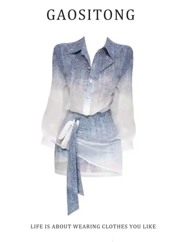 

GAOSITONG French Style Elegant Gradient Shirt Women Summer 2025 Bodycon Ribbon Skirt Set