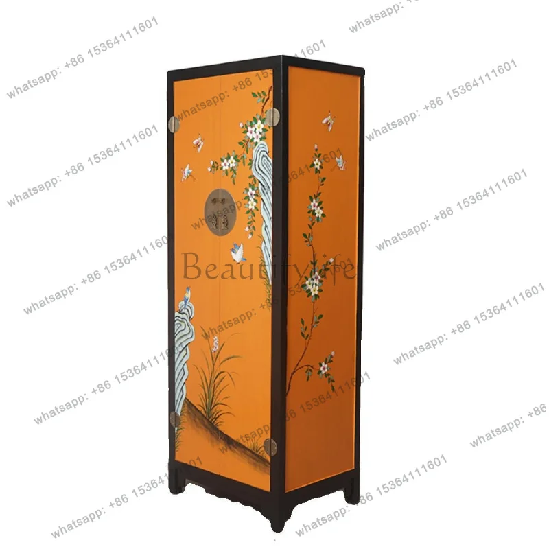 

Chinese orange and black flower and bird painted wardrobe solid wood furniture classical coat cabinet