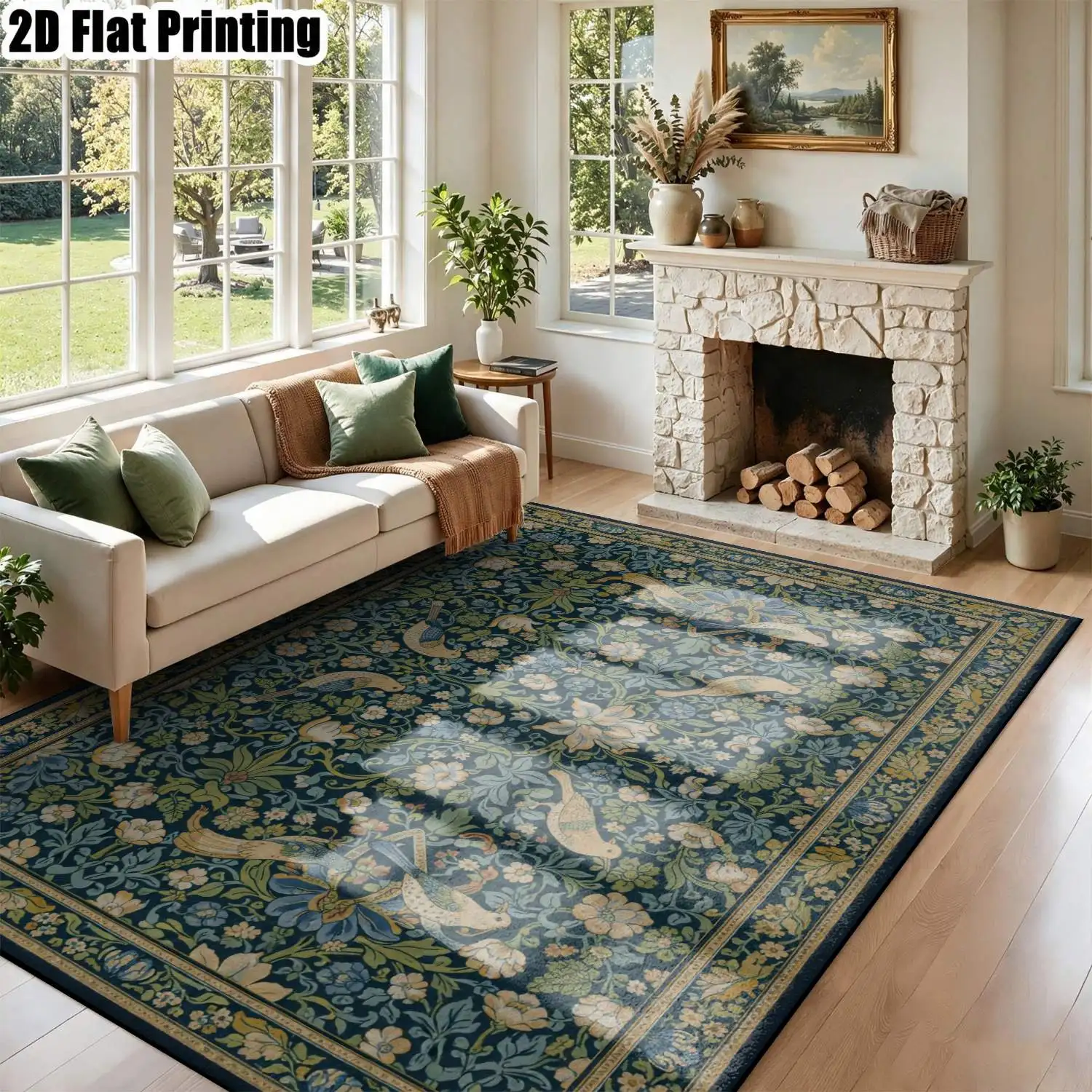 1Pc 2D Printed Carpet: Dark Blue Flower&Bird Pattern, Vintage/European/Bohemian Style, Geometric Striped, Machine Washable, Multi-Size, for Home Decor, Entryway, Dining Room, Foyer, Bedroom, Living Room