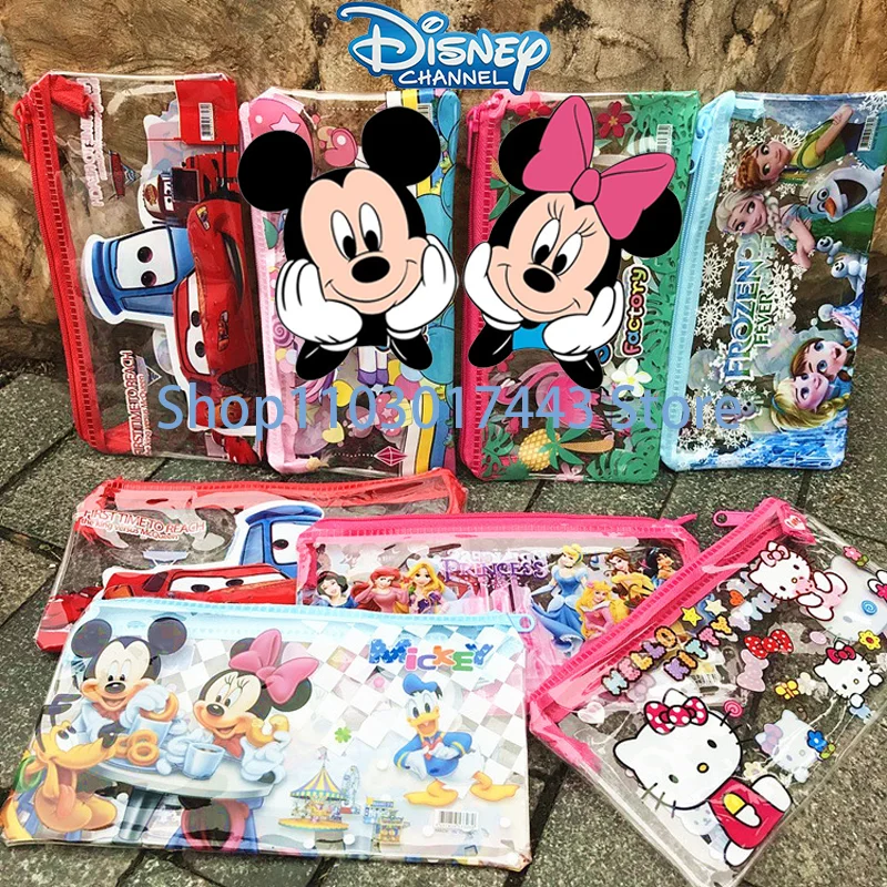 Disney Pencil Case Cartoon Grid Zipper Ins Cute Girl Elementary School Student Waterproof Transparent School Supplies Pencil Bag